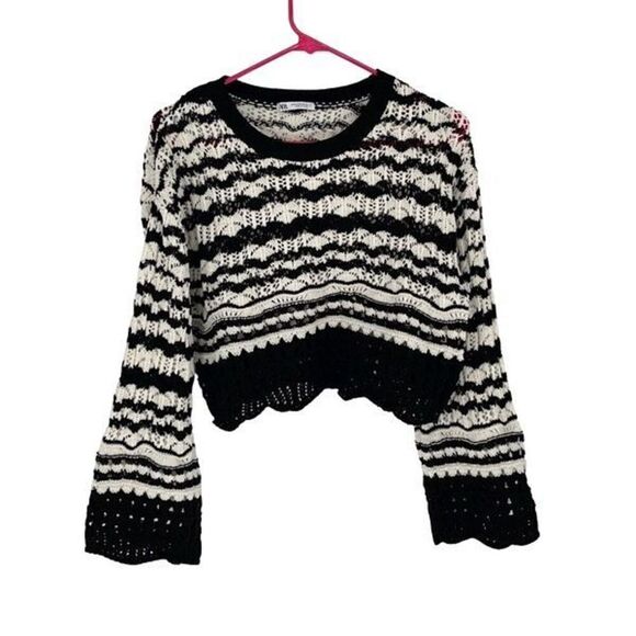 Zara Womens Pullover Open Knit Stripe Long Sleeve Sweater Black White Size Small - Picture 2 of 10